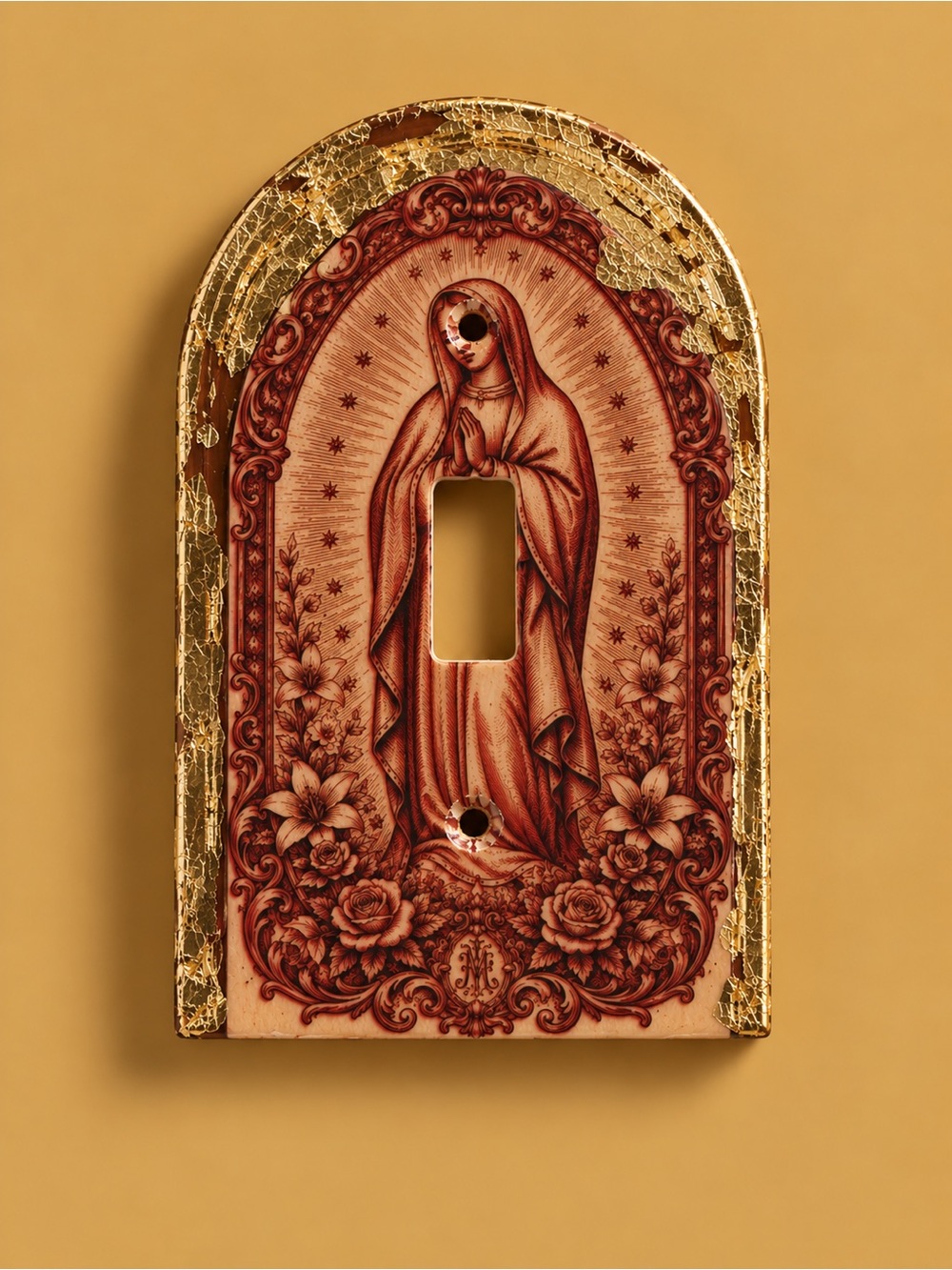 Religious Icon Decorative Light Switch Plate in Gold and Brown